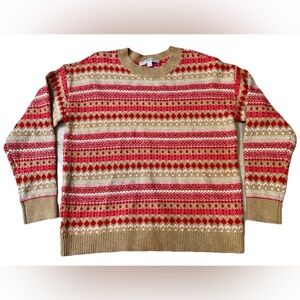 Ann Taylor Loft Fair Isle Cotton Blend Sweater S Crew Neck Tan Pink Red Classic